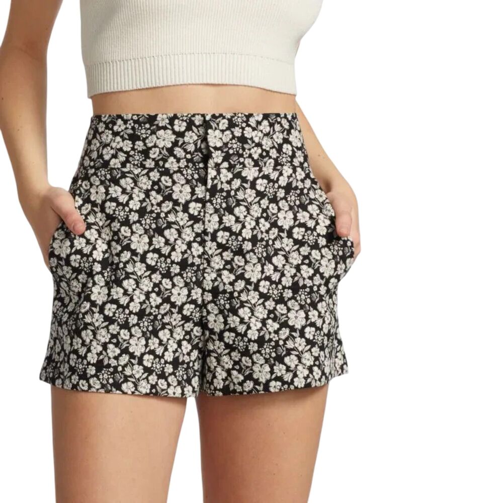 Alice + Olivia Cady High Waisted Shorts Daisy Floral Jacquard Black White Size 6